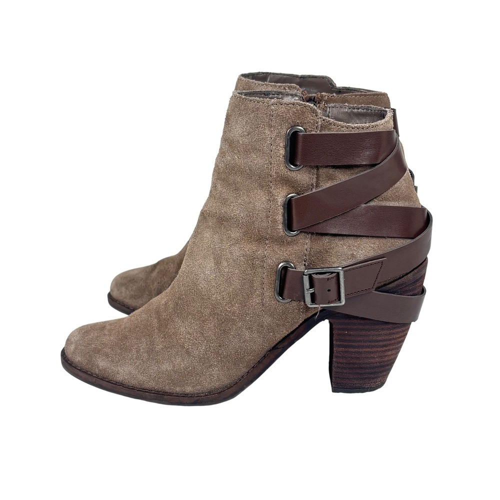 Crown‎ Vintage Ankle Boots Womens 9 Tan Suede Strappy Buckle Heel Boho Western